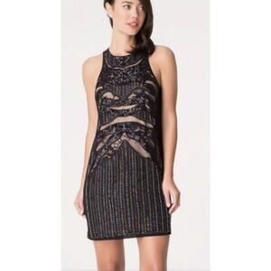 Bebe Black Beaded Mesh Sequin Shift Dress Small Whimsical Avant Garde Art Deco‎